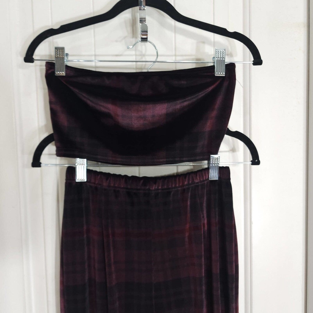 Nasty Gal Womens Pants Top Set Plaid About You Maroon Co Ord Velvet Velour Sz 4 - Picture 4 of 11